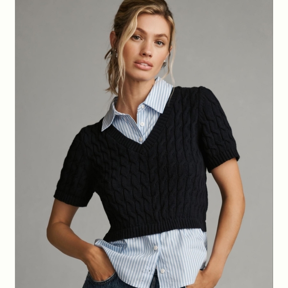 Anthropologie Maeve Cable Short-Sleeve Twofer Sweater - Picture 5 of 5